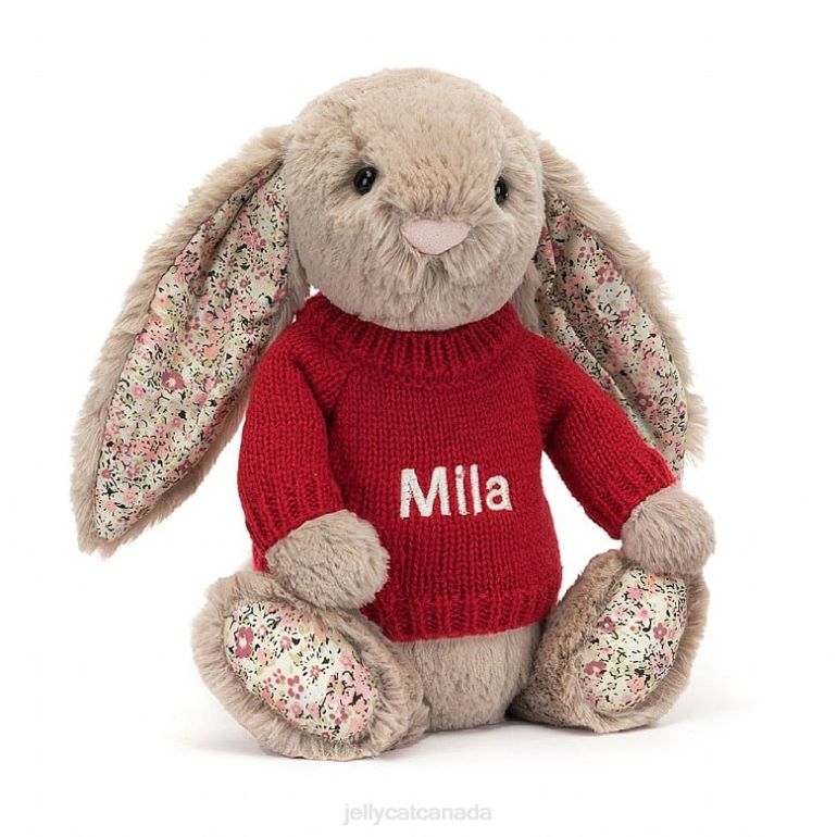 Jellycat Blossom Bea Bunny with Personalised Red Jumper Beige BV0TH334 Toy