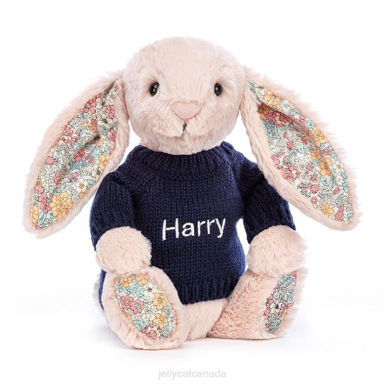 Jellycat Blossom Blush Bunny with Personalised Navy Jumper Peach BV0TH484 Toy