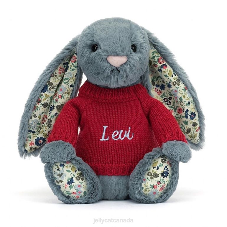 Jellycat Blossom Dusky Bunny with Personalised Red Jumper Blue BV0TH474 Toy