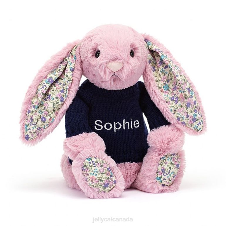 Jellycat Blossom Tulip Bunny with Personalised Navy Jumper Pink BV0TH466 Toy